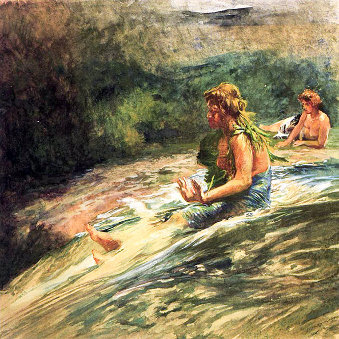 John La Farge. Girl Sliding down Water Fall_Banana Leaf Around Her Body. 1890