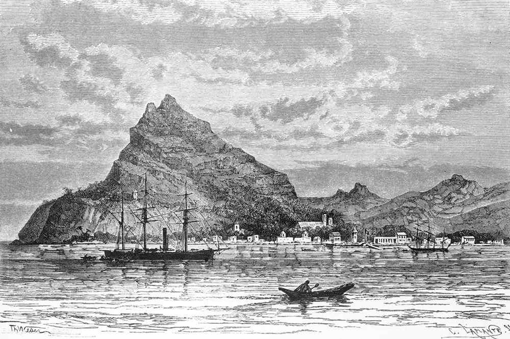 Le mont Duff sur l'île de Mangareva. Gravure