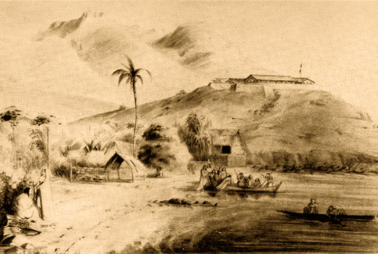 Fort Collet à Taiohae, vers 1845. Gravure Max Radiguet