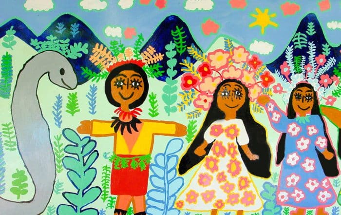 La princesse Hina se présente au prince Puhi. Fresque de l'école Papehue de Paea 2000