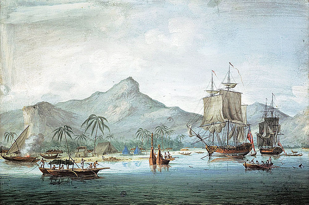 Resolution et Discovery lors de la troisième expédition de James Cook dans une baie de Huahine. (Coll. Blackburn)