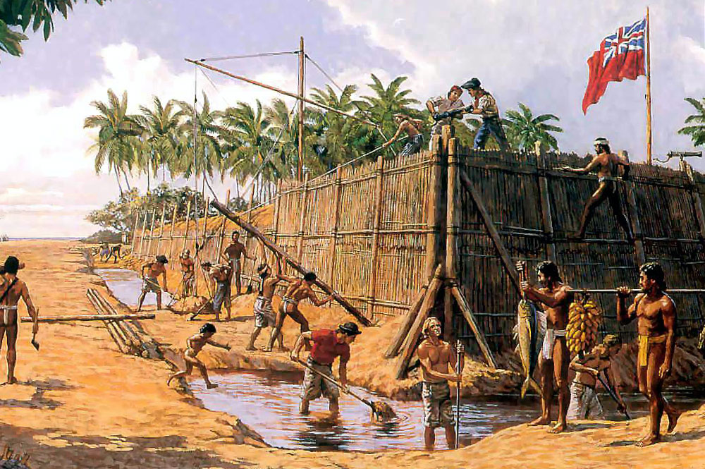 Fort George à Tubuai. Illustration Herb Kane