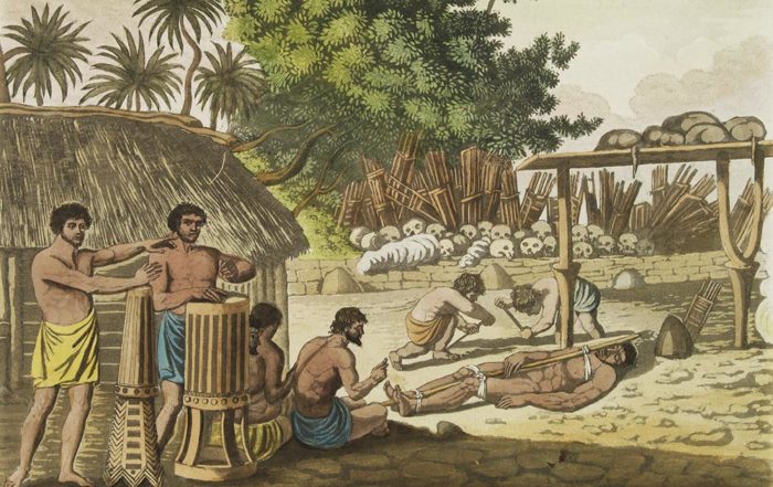 Sacrifices humains à Tahiti. Dessin Giulio Ferrario 1827