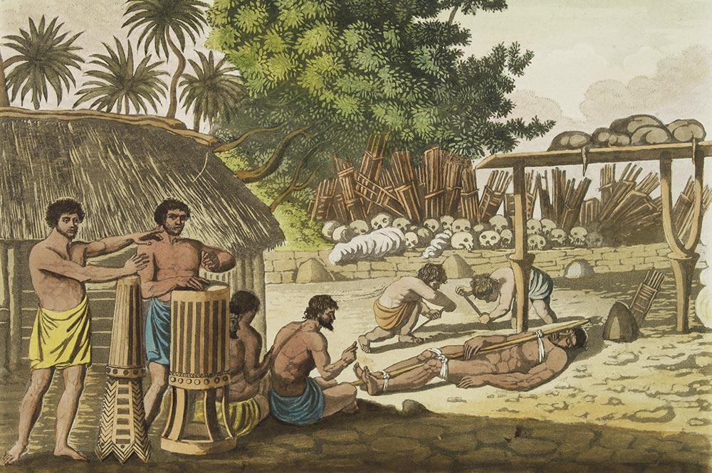 Sacrifices humains à Tahiti. Dessin Giulio Ferrario 1827