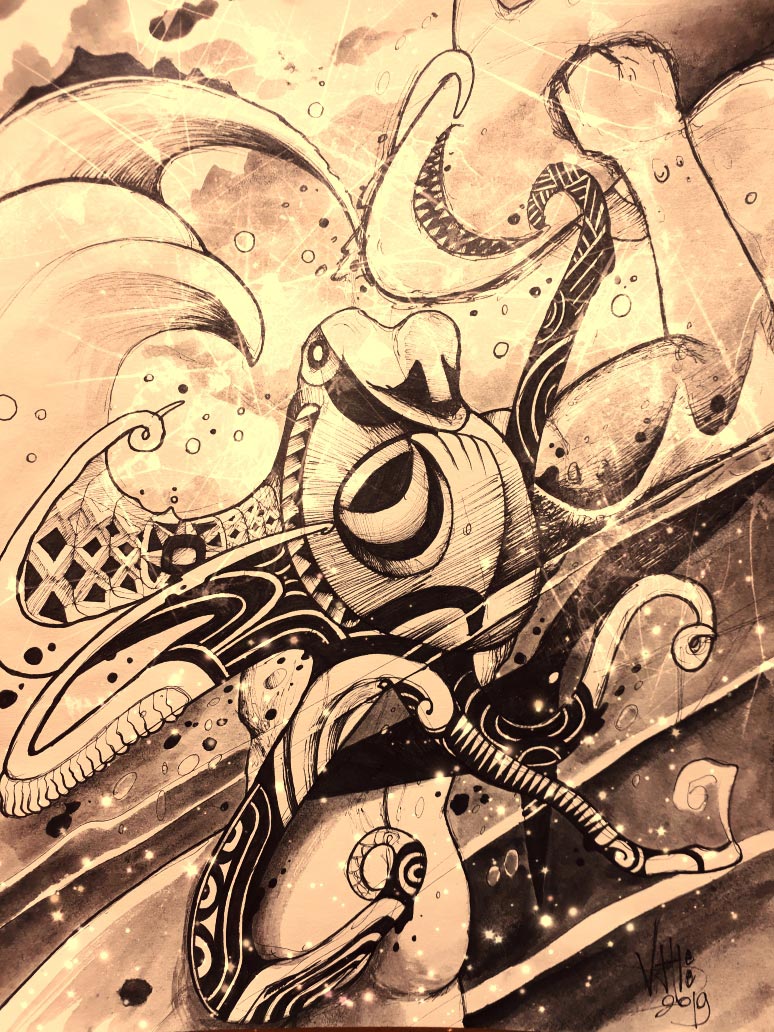 Légende de la pieuvre O'rava de Tubuai. Illustration Vashee