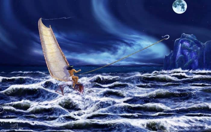 Hiro lance son hameçon pour attraper Huahine. Illustration A'amu